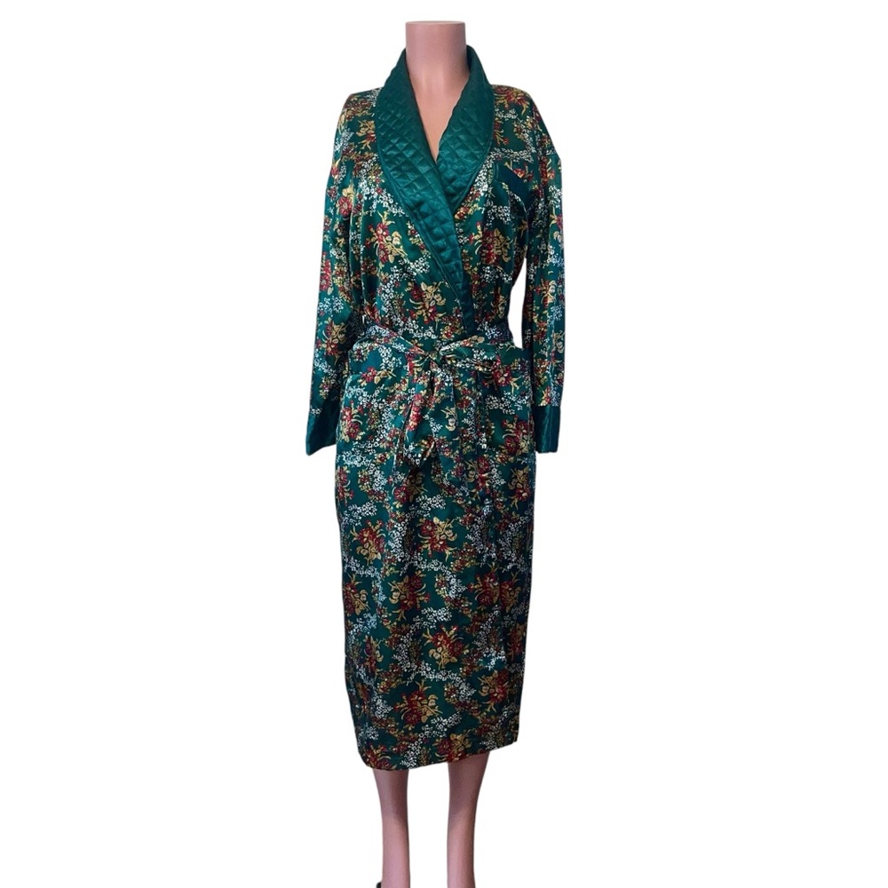 Vintage Victorias Secret Gold Label Long Belted Green Floral Satin Robe Womens S